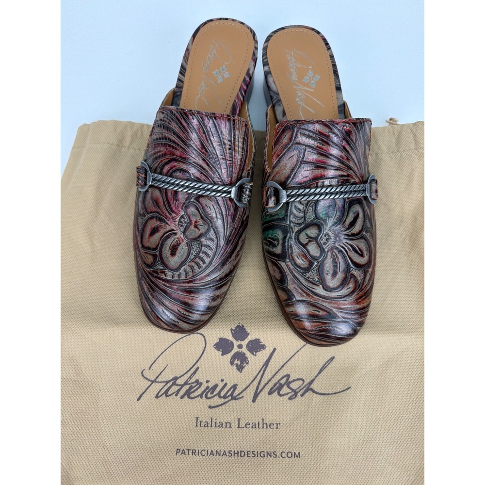 NEW Patricia Nash Leather Mules 7.5 Tooled Floral Western Boho Artsy Italian